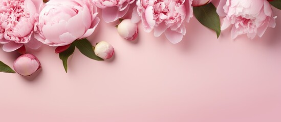 Fresh peony flower buds and petals on a pink and white floral background perfect for a copy space image