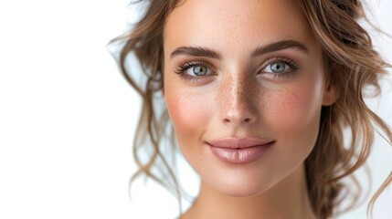 Obraz premium Beautiful woman's skin care makes her look young, fresh, smiling woman with perfect makeup on white background.