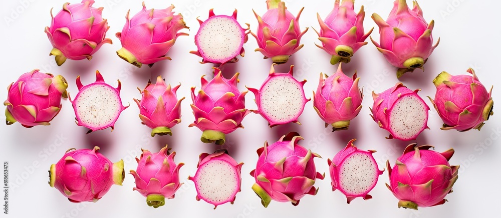Poster Dragon fruits arranged on a white surface with plenty of empty space around the fruits for graphical or textual additions. with copy space image. Place for adding text or design