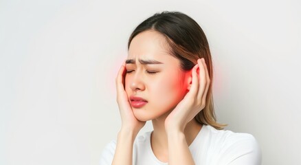 A young Japanese woman with ear pain against on a white background