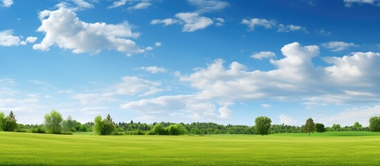 The idyllic scenery features a vibrant blue sky adorned with fluffy white clouds while lush green trees complete the serene copy space image