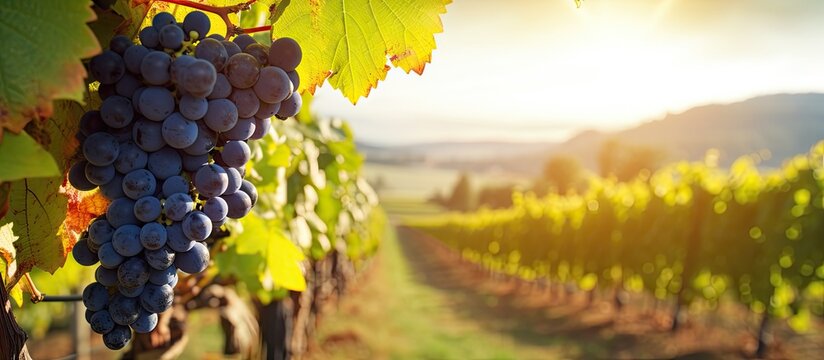 Autumn harvest scene of black ripe grapes on vine with vineyard in the background A nature inspired image with copy space for text