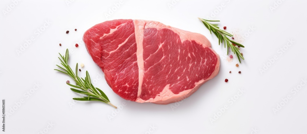 Fototapete a top down view of a raw veal steak fillet on a white background there is ample copy space for addin