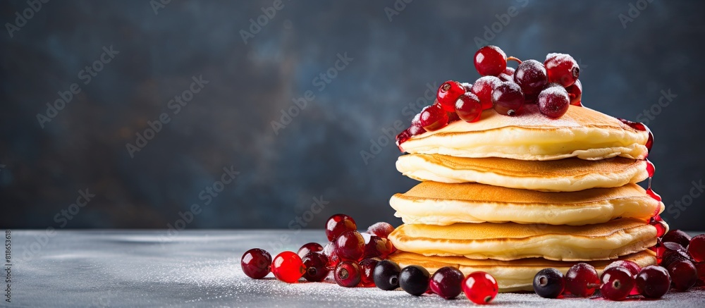 Poster a delicious breakfast featuring homemade pancakes topped with fresh cranberries and blueberries pres