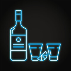 Vodka bottle and glasses neon icon