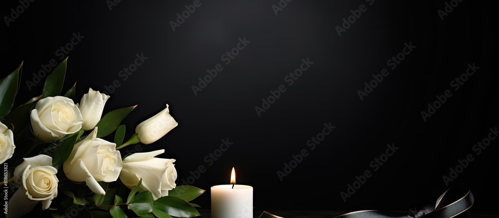 Aufkleber An elegant photo frame for a funeral featuring a ribbon white rose and candle placed on a dark table against a black backdrop providing ample room for design