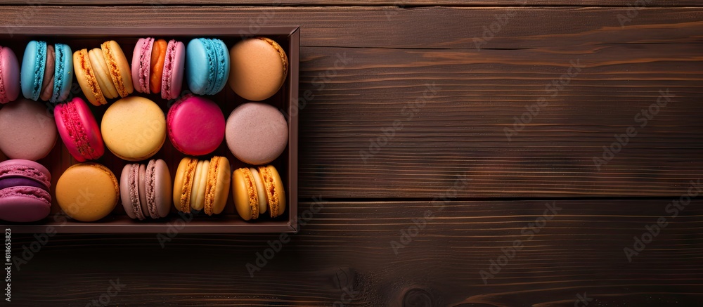 Poster A copy space image featuring a box of macaroons placed on a wooden background