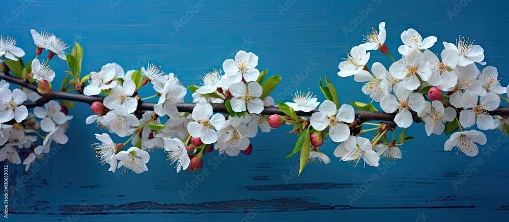 Poster A blossoming branch of an apple tree against a copy space image of a blue wooden background