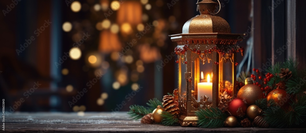 Poster A festive Christmas lantern adorned with various decorations perfect for adding a touch of holiday spirit to any space 115 characters. with copy space image. Place for adding text or design