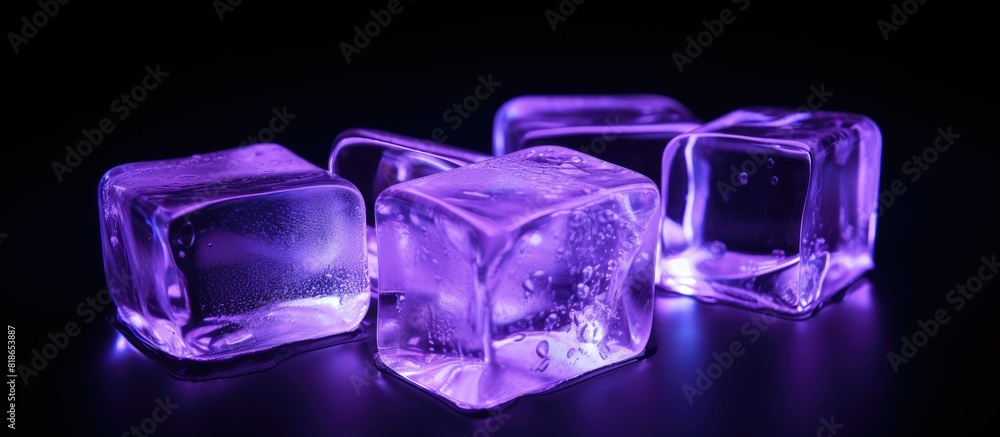 Poster Isolated on a black background there is a copy space image of transparent ice cubes illuminated by a soft purple light