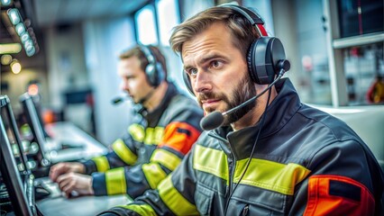Emergency Call Operator: A male operator in a high-pressure environment, taking emergency calls, emphasizing around-the-clock readiness.
