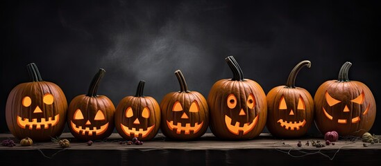 Halloween themed pumpkins with creative painted faces placed against a dark black background serving as the perfect backdrop for spooky festivities Copy space image