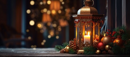 A festive Christmas lantern adorned with various decorations perfect for adding a touch of holiday...