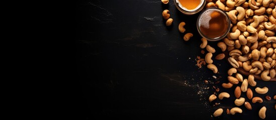 Top view of a pile of peanuts on a dark stone background with a round hole serving as a copy space image The salty beer snack is presented on a black table - Powered by Adobe