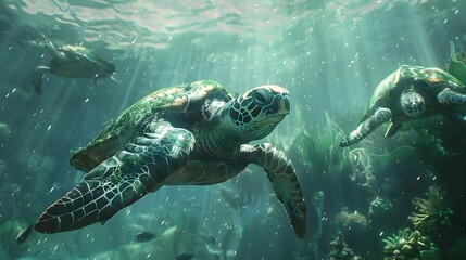 Fototapeta premium Sea Turtles Swimming Underwater in Sunlight