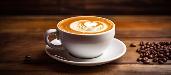 A copy space image of Cappuccino coffee served in a white cup placed on a wooden background