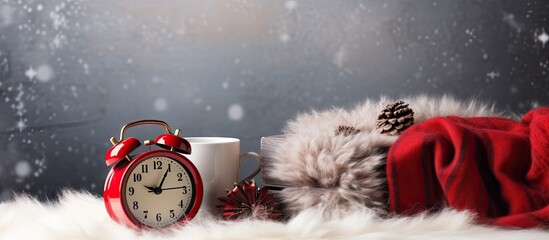 A festive Christmas planning concept with a red cup of coffee chocolates an alarm clock notebook pencils holiday decorations red envelope and a grey scarf on a white artificial fur background providi