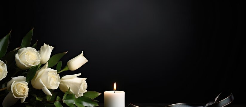 An elegant photo frame for a funeral featuring a ribbon white rose and candle placed on a dark table against a black backdrop providing ample room for design