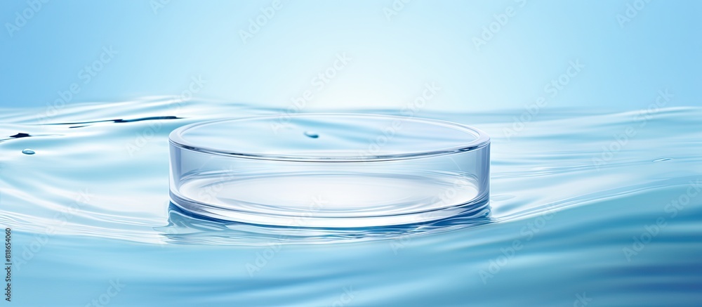 Poster a blank cosmetic product is placed on an empty round podium where transparent waves of water create 
