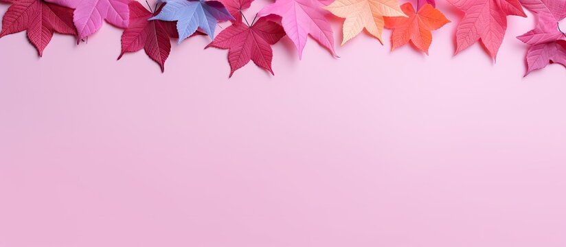 A pink background with multicolored autumn leaves surrounding a copy space image
