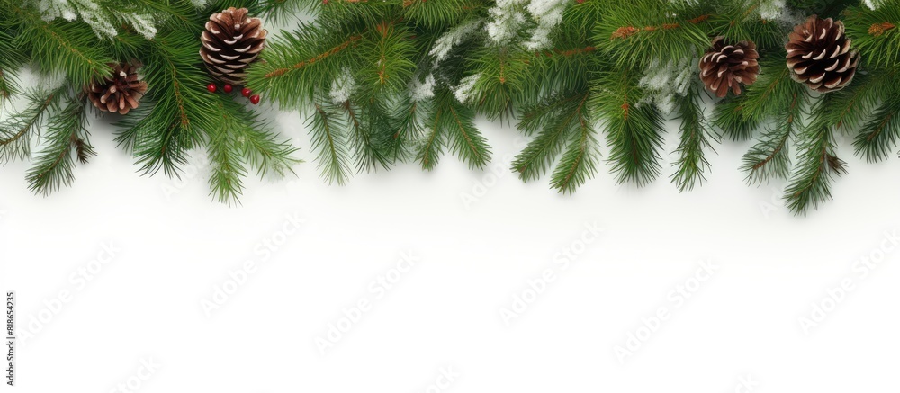 Aufkleber Christmas composition featuring spruce and fir branches forming a border This isolated white background image includes copy space for text making it suitable for use as a banner