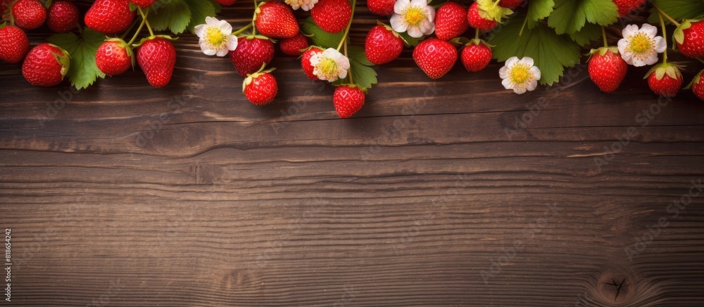 Poster close up of wild strawberries on a wooden background providing ample copy space for images