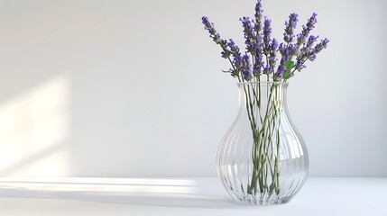 Elegant glass vase filled with fresh lavender stems, isolated on a bright white background, exuding...