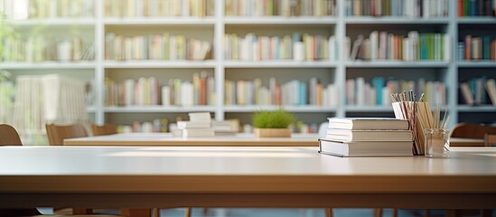 A study room with a blurred background features a white table adorned with books stationery and a copy space image