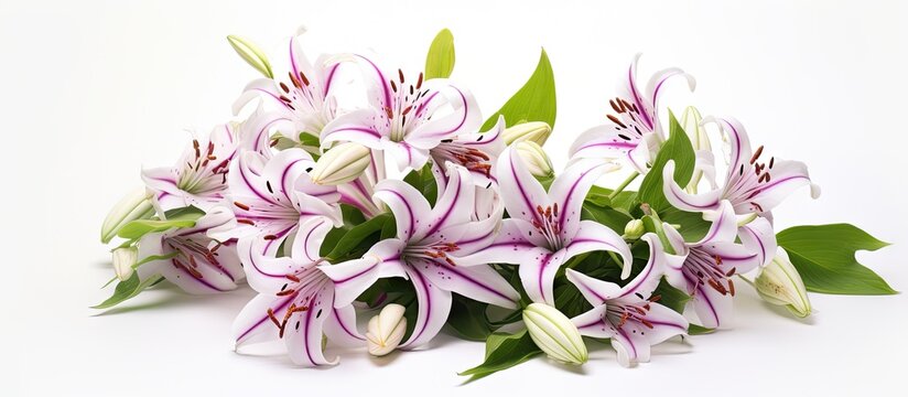 A charming bouquet of small Tricyrtis toad lilies beautifully displayed against a white background It features a photo with plenty of empty space for text making it perfect for cards invitations or p