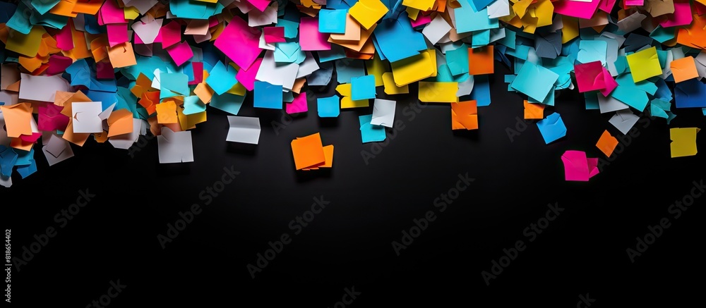 Poster colored note paper pieces on a black backdrop with copy space