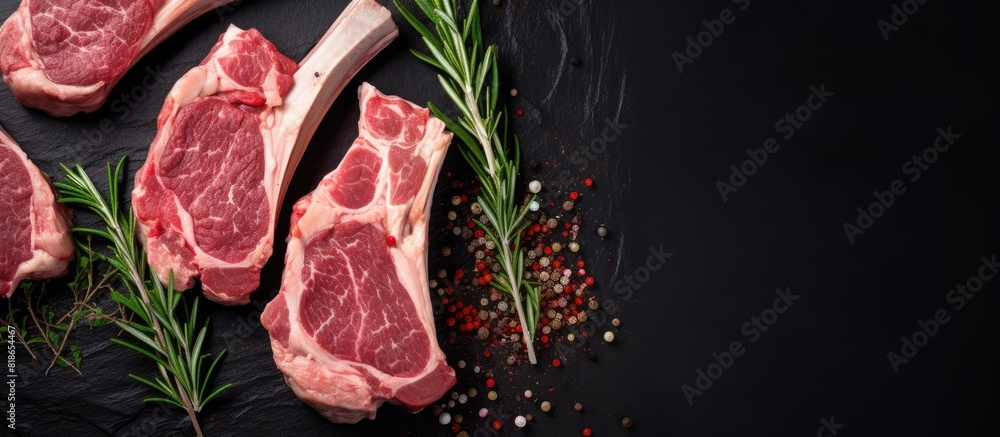 Aufkleber freshly cut raw lamb chops sliced with a meat cleaver are showcased in a top down view against a bla