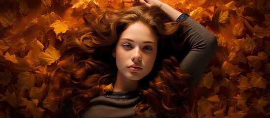 Autumnal scene of a girl peacefully reclining on a bed of fallen maple leaves creating a captivating copy space image