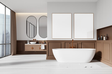 Minimalist bathroom interior with brown cabinets, white bathtub, and blank posters on the wall, light-colored floor, modern home decor concept. 3D Rendering.