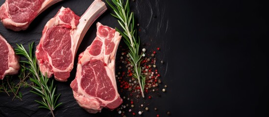 Freshly cut raw lamb chops sliced with a meat cleaver are showcased in a top down view against a black background Ample copy space is available