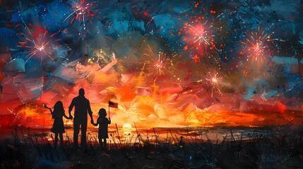 Crayon art of a family celebrating Independence Day with fireworks.