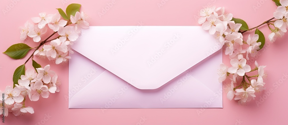 Aufkleber copy space image of delicate blossoms of an apple tree enclosed in a pink paper envelope resting on 