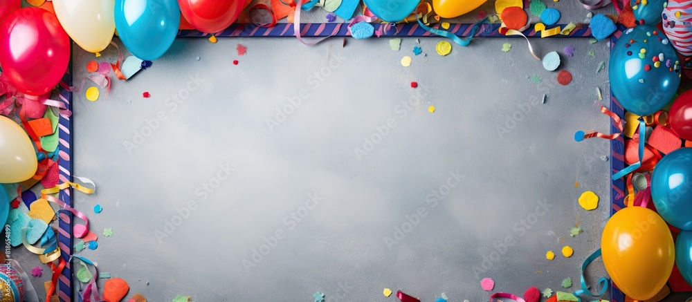Poster A festive frame for birthdays or carnivals featuring colorful party items against a backdrop of textured stone Perfect for a copy space image 130 characters