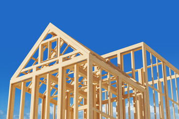 Wooden house frame under construction on a bright blue sky background, concept of home building. 3D...