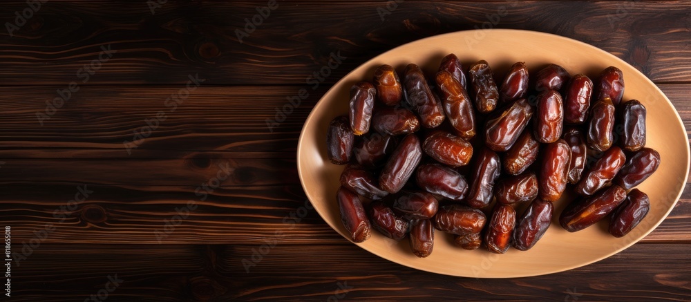Poster A copy space image of dates arranged on a white dish placed on a dark wooden table can be seen from a top down perspective