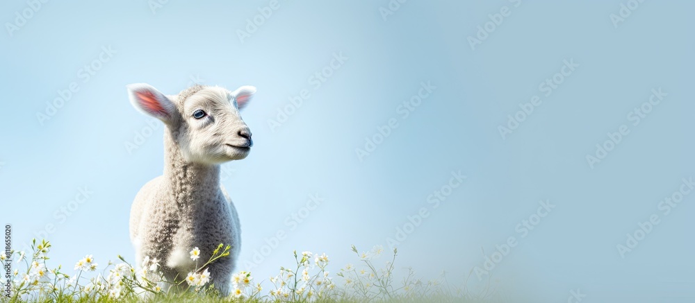 Aufkleber a curious lamb in the springtime stood on its hind legs to observe a buzzing insect its gaze fixed a