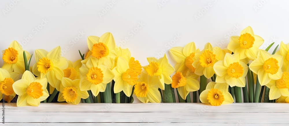 Poster A bunch of vibrant yellow daffodils arranged on a white wooden table creating a visually appealing copy space image
