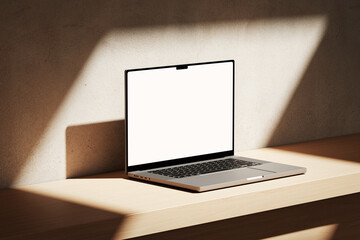 Apple MacBook Pro on the wooden desk on a plaster background