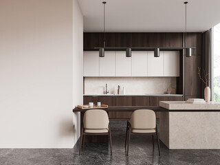 Stylish home kitchen interior eating and cooking space, window. Mockup wall