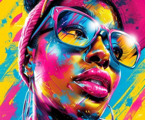 Colorful digital art portrait of a woman with glasses and headwear, vibrant pop art style with...