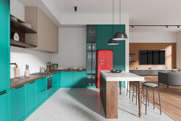 Modern kitchen with turquoise cabinets, a red refrigerator, and a wooden island, on a light kitchen and living room background, concept of contemporary home interior. 3D Rendering.
