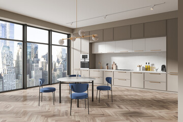 Cozy home kitchen interior cooking and dining space, panoramic window