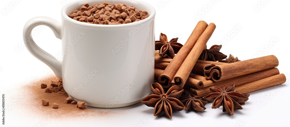 Aufkleber copy space image of a brown clay mug adorned with cinnamon sticks and star anise placed on a white b