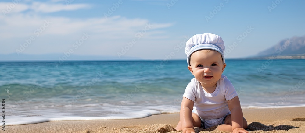 Aufkleber A picture of a Caucasian baby sitting on a sandy beach with empty space for text or other images. with copy space image. Place for adding text or design