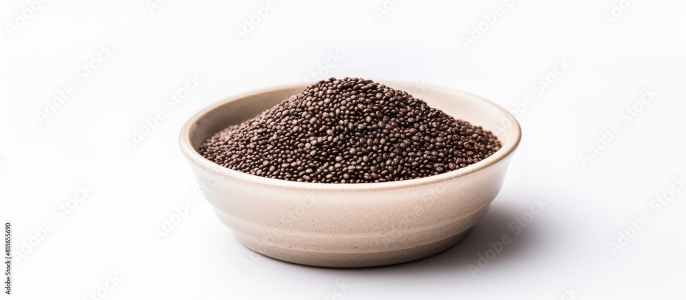 Poster close up image of a bowl containing whole grain black quinoa isolated on a white background with amp