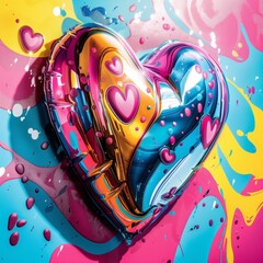 Colorful heart-shaped balloon with vibrant splashes and small hearts, perfect for Valentine's Day or romantic celebrations.